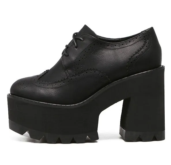 Black Lace Up Chunky Block High Heel Platform Oxfords