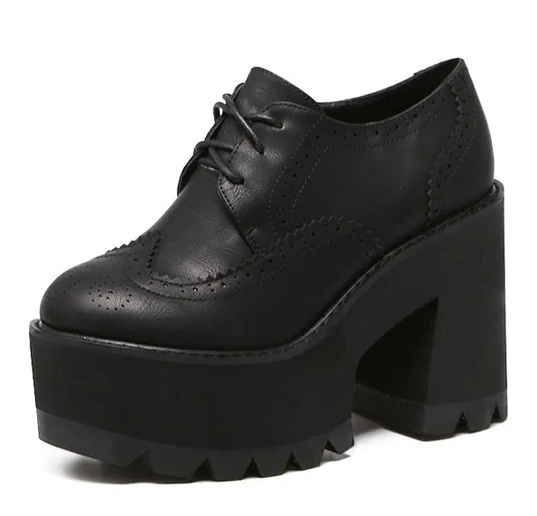 Black Lace Up Chunky Block High Heel Platform Oxfords