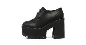 Black Lace Up Chunky Block High Heel Platform Oxfords