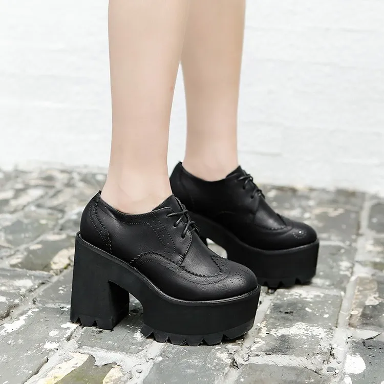 Black Lace Up Chunky Block High Heel Platform Oxfords