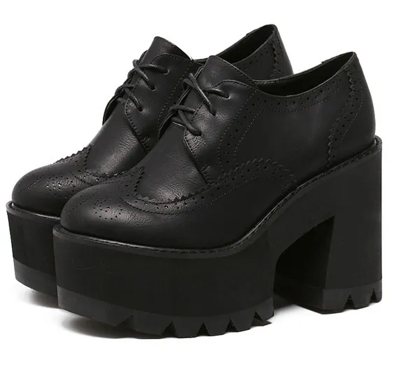 Black Lace Up Chunky Block High Heel Platform Oxfords