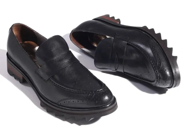 Black Leather Mens Oxfords Loafers Dress Shoes with Platforms