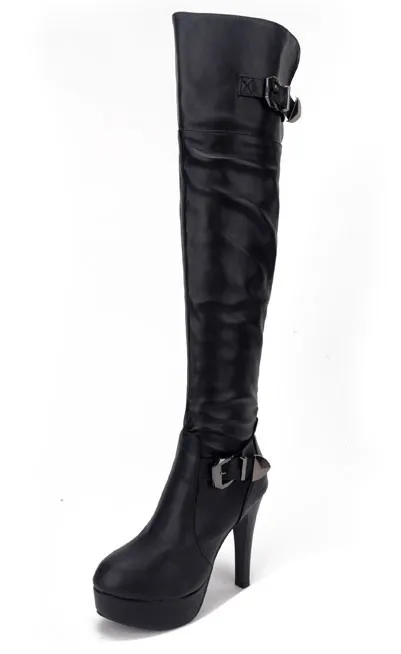 Black Knee-Length Stiletto High Heel Platform Boots with Metal Buckle