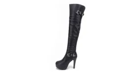 Black Knee-Length Stiletto High Heel Platform Boots with Metal Buckle