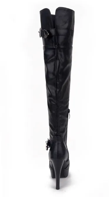 Black Knee-Length Stiletto High Heel Platform Boots with Metal Buckle