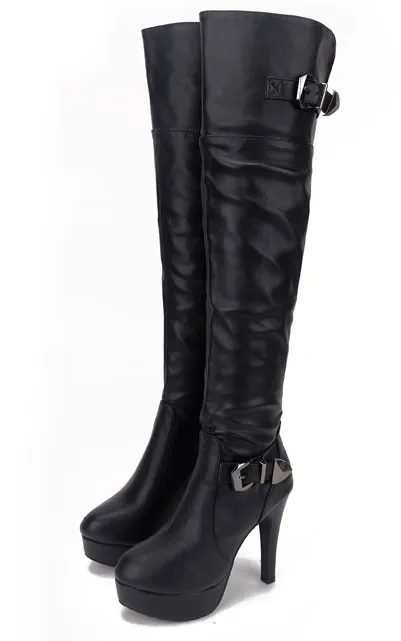 Black Knee-Length Stiletto High Heel Platform Boots with Metal Buckle