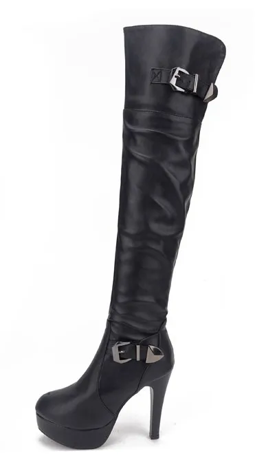 Black Knee-Length Stiletto High Heel Platform Boots with Metal Buckle