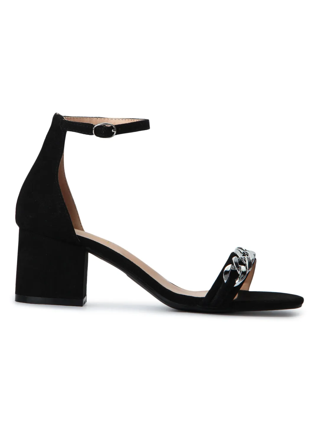 Black Micro Chain Ankle Strap Low Block Heels