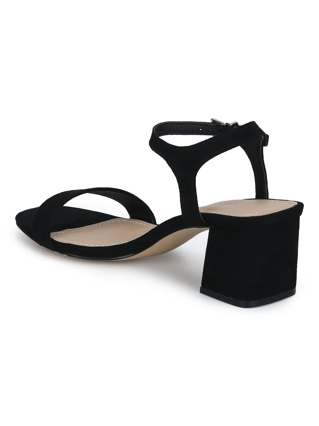 Black Micro Thin Ankle Strap Low Block Heels