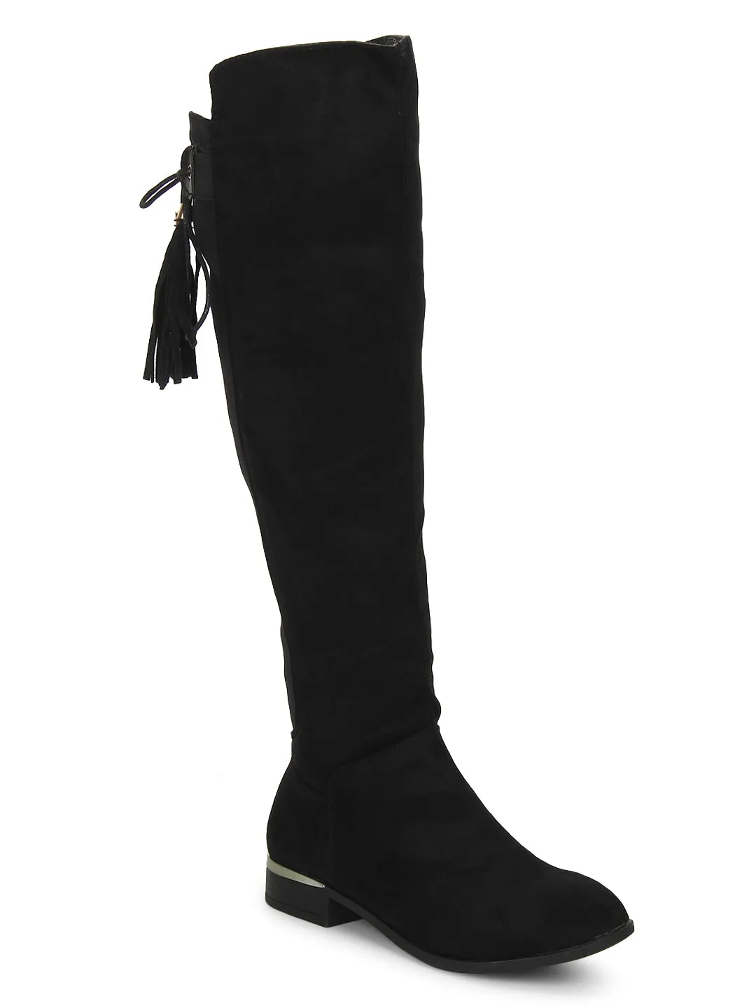 Black Microfibre Flat Long Boots