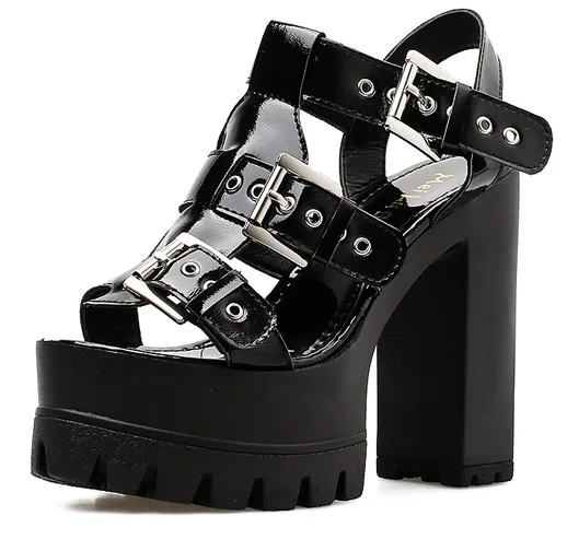 Chunky Sole High Heels Gladiator Platforms Sandals in Black Patent White Leather Hollow Out Slingback Lace Up Platforms Wedges O