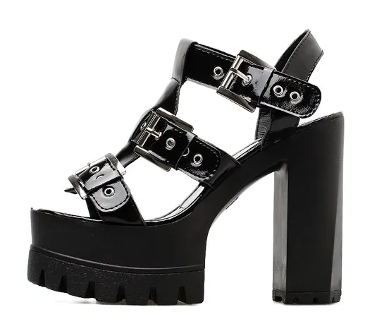 Chunky Sole High Heels Gladiator Platforms Sandals in Black Patent White Leather Hollow Out Slingback Lace Up Platforms Wedges O