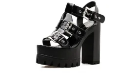 Chunky Sole High Heels Gladiator Platforms Sandals in Black Patent White Leather Hollow Out Slingback Lace Up Platforms Wedges O