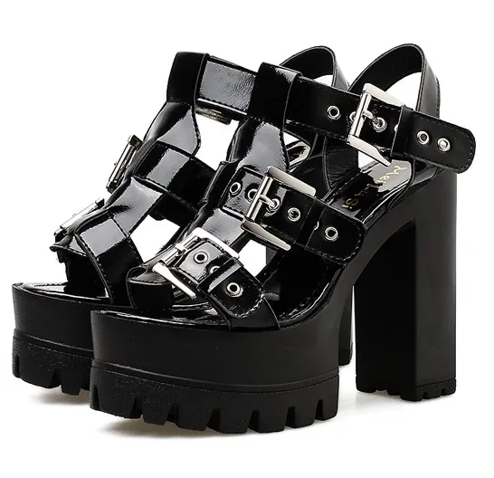 Chunky Sole High Heels Gladiator Platforms Sandals in Black Patent White Leather Hollow Out Slingback Lace Up Platforms Wedges O