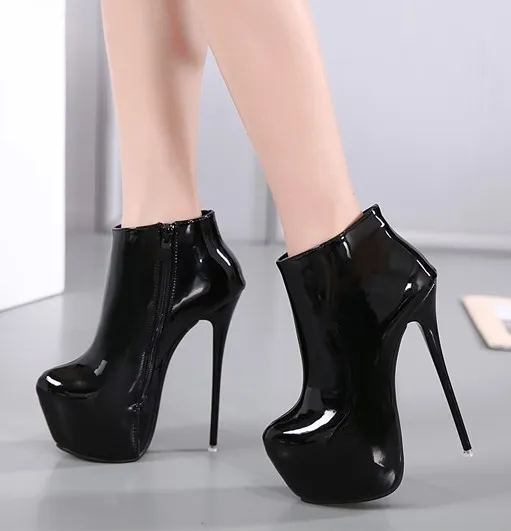 Black Glossy Patent Stiletto High Heel Platform Ankle Boots