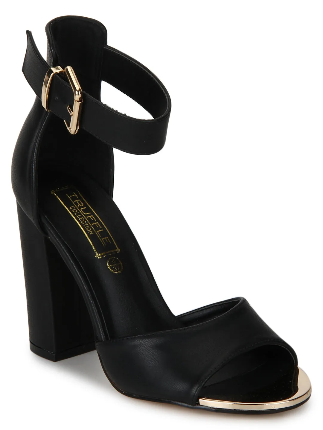 Black PU Ankle Strap Block Heels