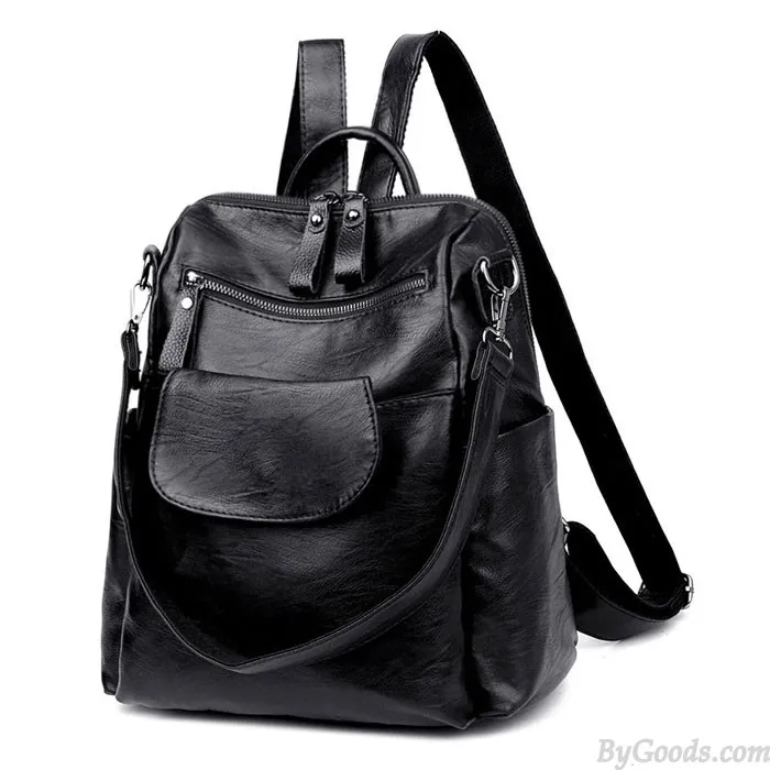 Black PU School Backpack for Students - Fashionable Multifunction Shoulder Bag