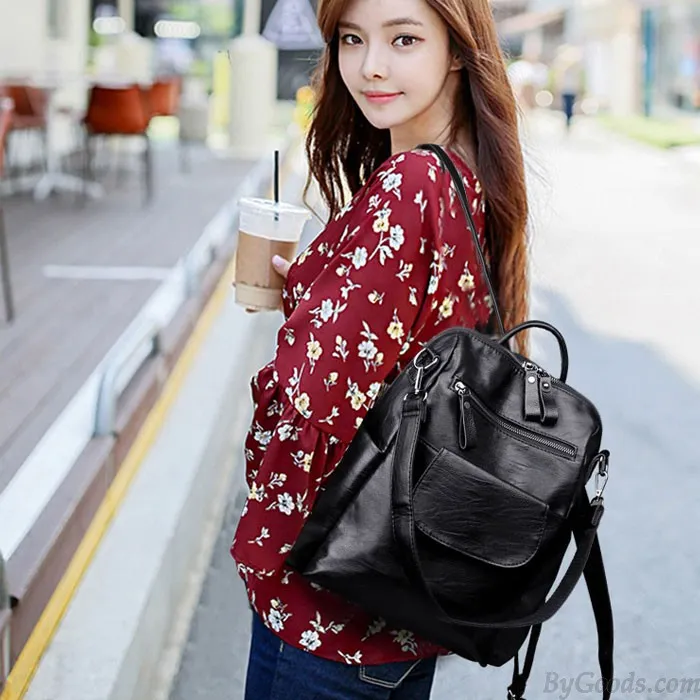 Black PU School Backpack for Students - Fashionable Multifunction Shoulder Bag