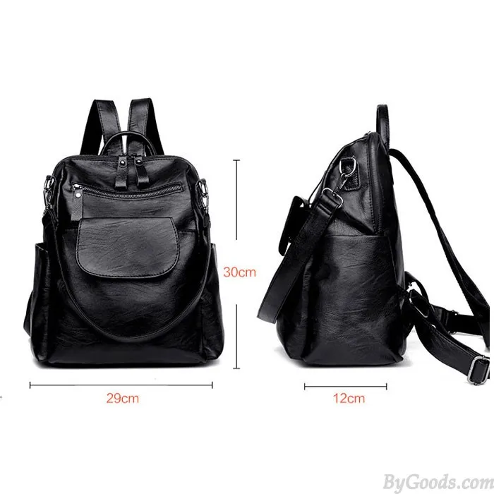 Black PU School Backpack for Students - Fashionable Multifunction Shoulder Bag