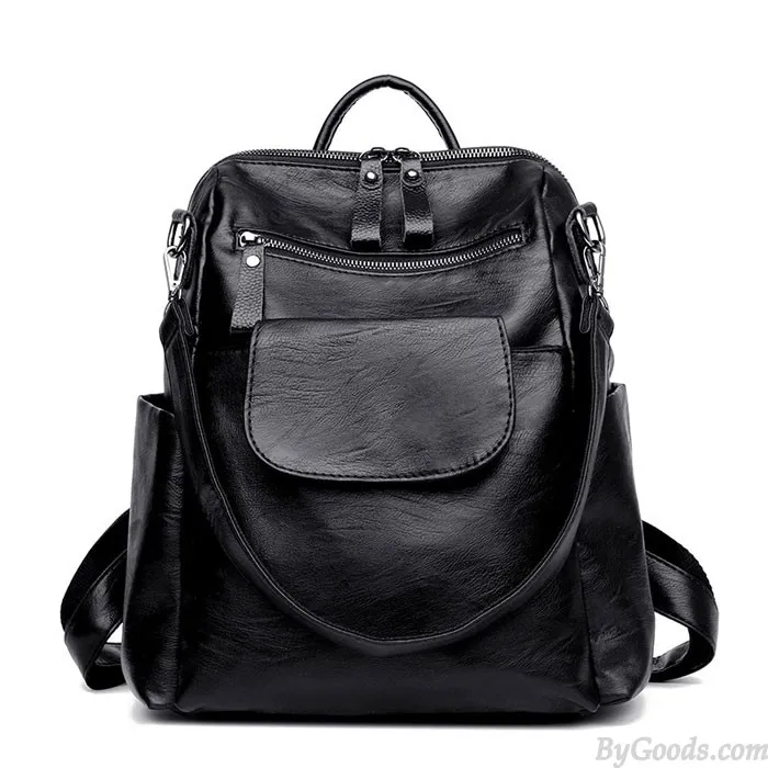 Black PU School Backpack for Students - Fashionable Multifunction Shoulder Bag