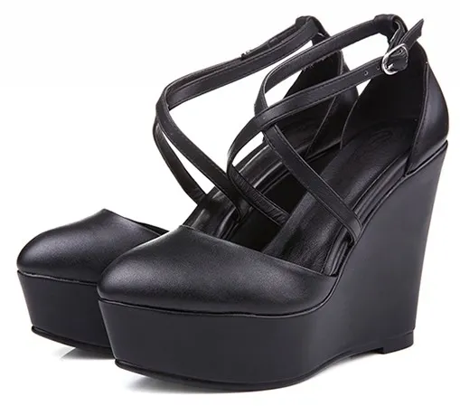 Black Gothic Cross Straps Wedges Platforms