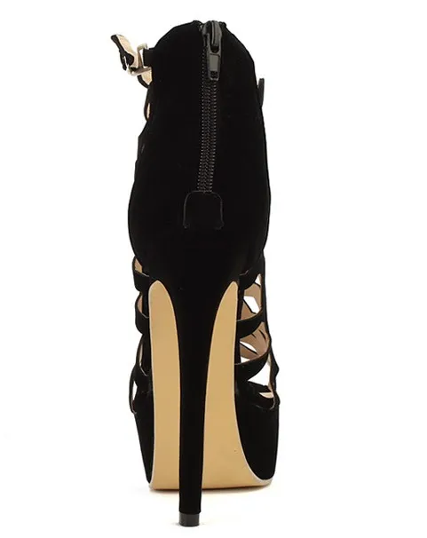 Black Suede Florals Stiletto High Heels Platforms