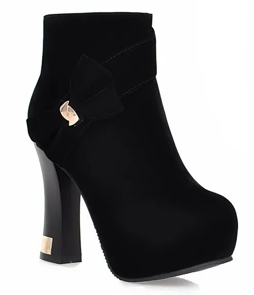 Black Suede Ankle Platform Boots with Gold Bow