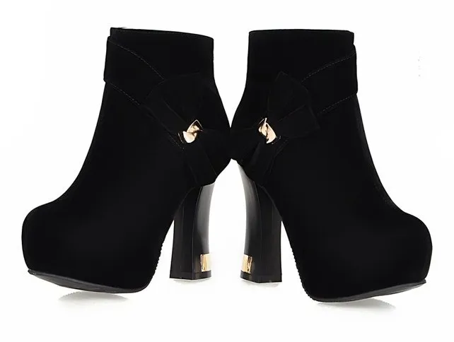 Black Suede Ankle Platform Boots with Gold Bow