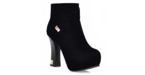 Black Suede Ankle Platform Boots with Gold Bow