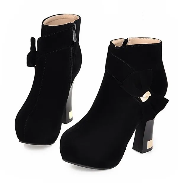 Black Suede Ankle Platform Boots with Gold Bow