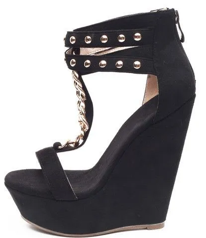 Black Suede Gold Chain Spikes T Strap Platforms