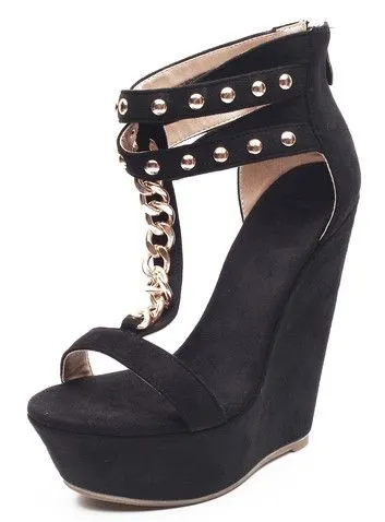 Black Suede Gold Chain Spikes T Strap Platforms