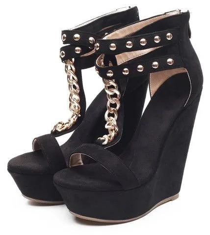 Black Suede Gold Chain Spikes T Strap Platforms