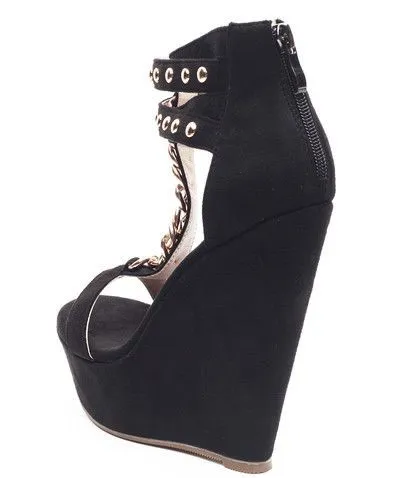 Black Suede Gold Chain Spikes T Strap Platforms