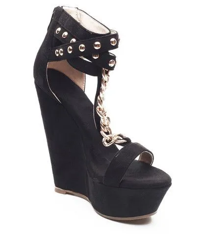 Black Suede Gold Chain Spikes T Strap Platforms