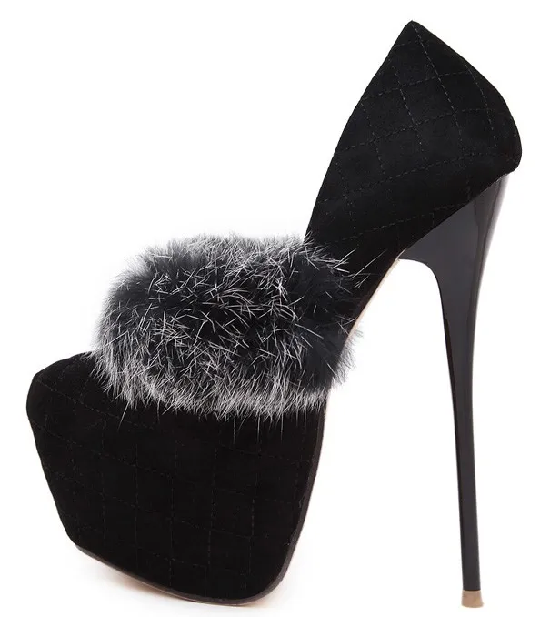 Black Rabbit Fur Quilted Suede Platforms High Heels Stiletto