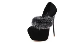 Black Rabbit Fur Quilted Suede Platforms High Heels Stiletto