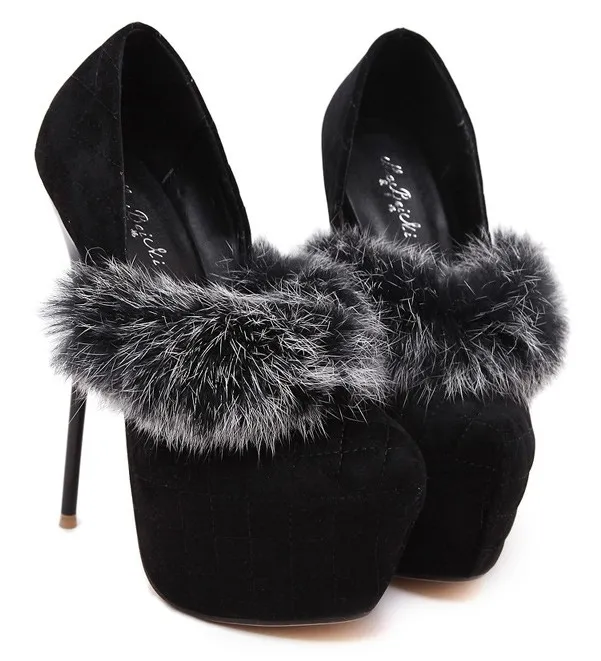 Black Rabbit Fur Quilted Suede Platforms High Heels Stiletto