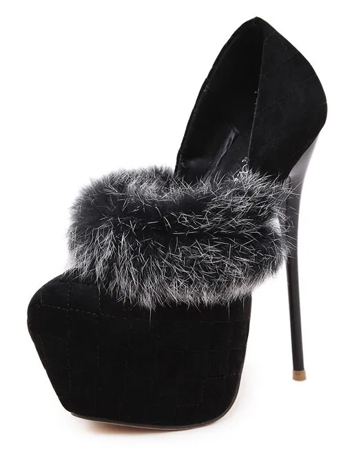 Black Rabbit Fur Quilted Suede Platforms High Heels Stiletto