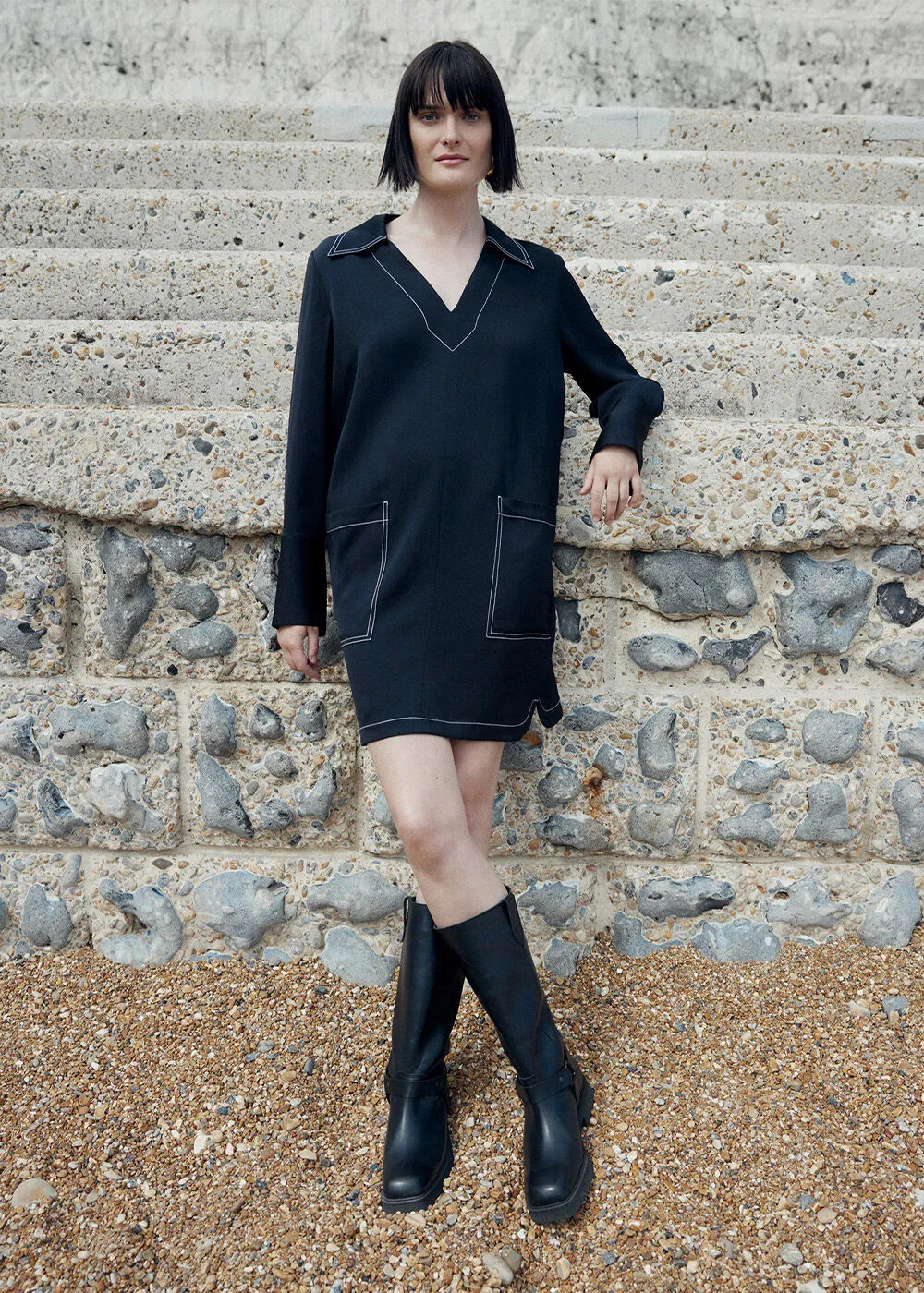 Black Topstitch Detail Shirt Dress