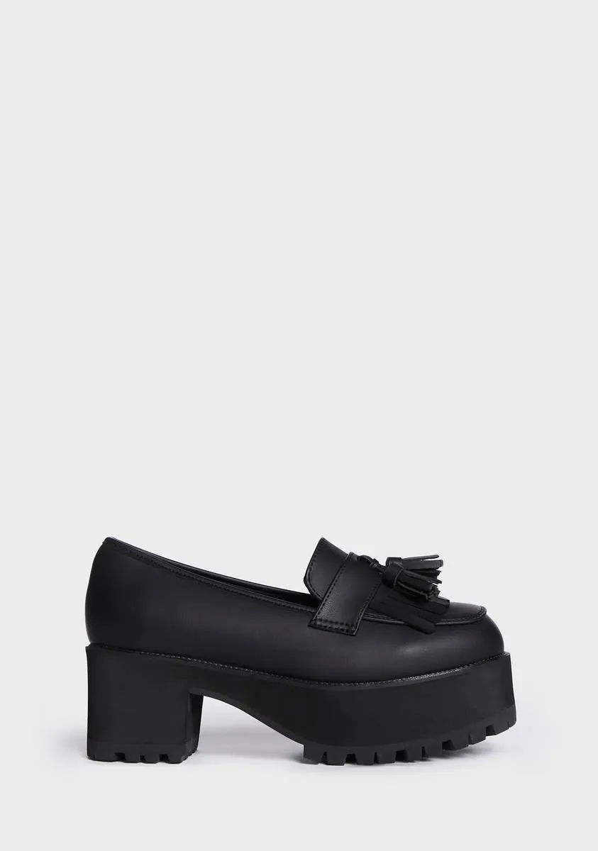 Black TUKskin Fringe Loafer Platforms