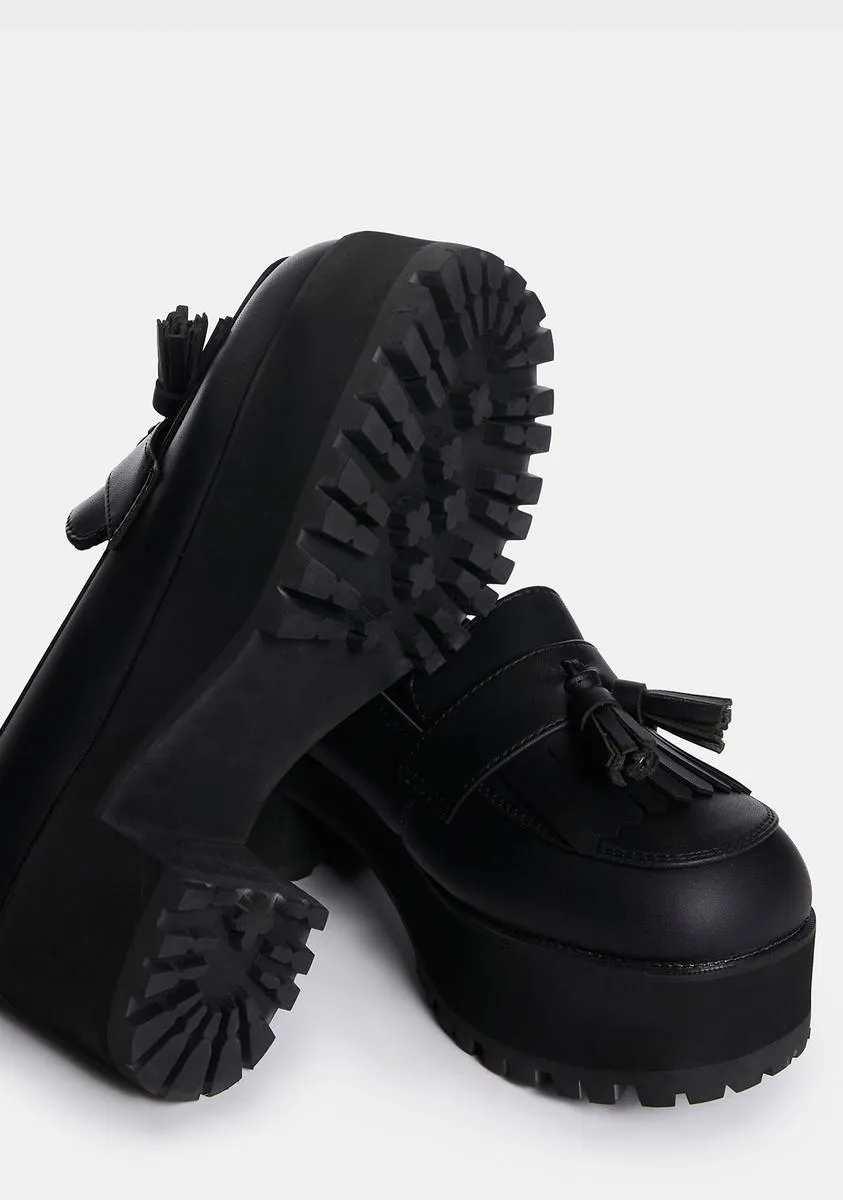 Black TUKskin Fringe Loafer Platforms