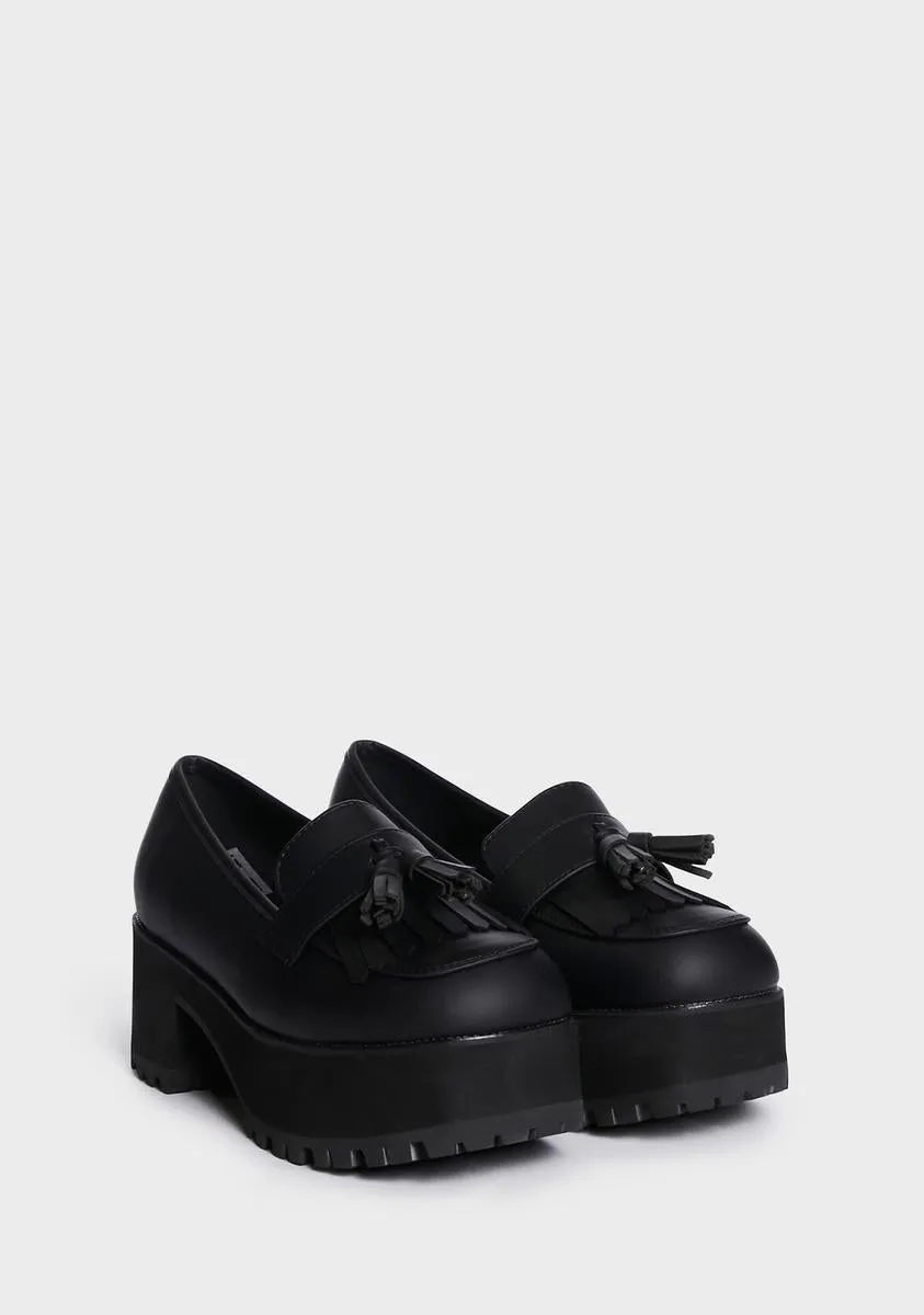 Black TUKskin Fringe Loafer Platforms