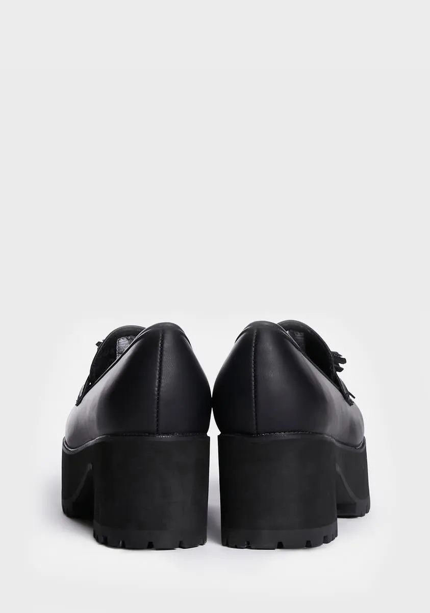 Black TUKskin Fringe Loafer Platforms