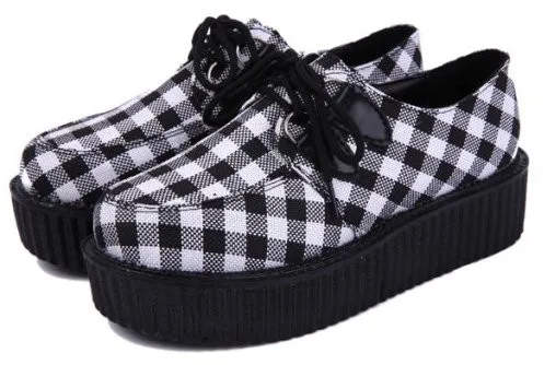 Black Checkers Chessboard Harajuku Lace Up Platforms