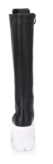 Black White Chunky Block Heel Knee Boots