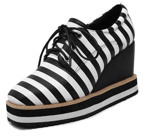 Women's Black White Stripes Lace Up Platform Wedges Oxfords