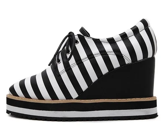 Women's Black White Stripes Lace Up Platform Wedges Oxfords