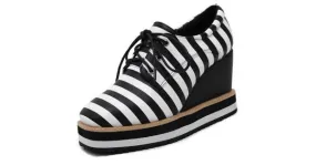 Women's Black White Stripes Lace Up Platform Wedges Oxfords