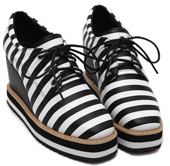 Women's Black White Stripes Lace Up Platform Wedges Oxfords